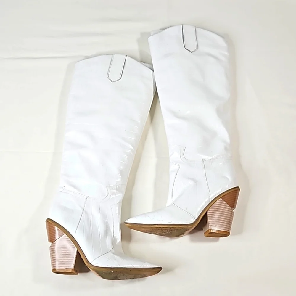 White Faux Leather Cowboy Boots with Block Heels Sz 37 - Picture 3 of 7